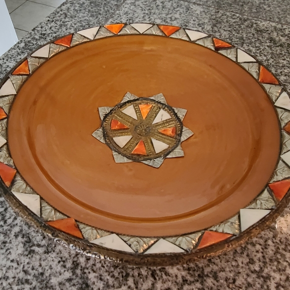 Large Bowl with Inlaid Camel Bone Metal Ceramic Bowl Morocco 13" Diameter Orange - Picture 8 of 8